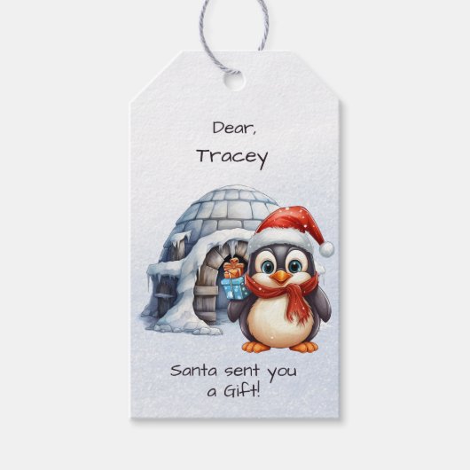 Schattigee Santa Hat Penguin Sneeuwvlokken Kinder  Cadeaulabel (Voorkant)