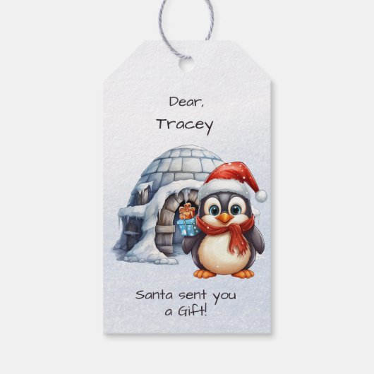 Schattigee Santa Hat Penguin Sneeuwvlokken Kinder  Cadeaulabel (Achterkant)