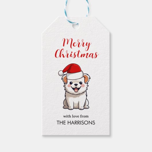 Schattigee Santa Hat Puppy Kerstmis Cadeaulabel (Voorkant)