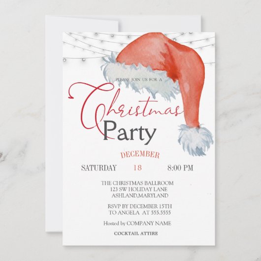 Schattigee Santa Hat String Lights Kerstbedrijf Kaart (Voorkant)