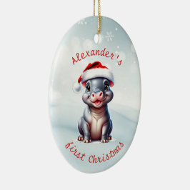 Schattigee Santa Hoed Hippopotamus Eerste Kerstmis Keramisch Ornament