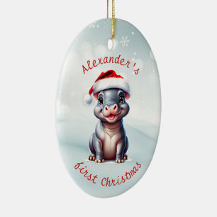 Schattigee Santa Hoed Hippopotamus Eerste Kerstmis Keramisch Ornament
