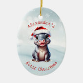 Schattigee Santa Hoed Hippopotamus Eerste Kerstmis Keramisch Ornament (Voorkant)