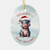 Schattigee Santa Hoed Hippopotamus Eerste Kerstmis Keramisch Ornament (Achterkant)