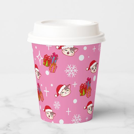 Schattigee Santa Katten Roze Kerst Party Cups Papieren Bekers (Voorkant)