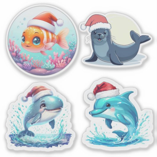 Schattigee Santa Ocean Animals Custom-Cut Vinyl St Sticker (Voorkant)