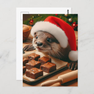 Schattigee Santa Otter Met Brownies voor Kerstmis Briefkaart