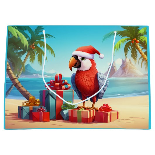 Schattigee Santa Parrot Tropical Beach Kerst Groot Cadeauzakje (Voorkant)