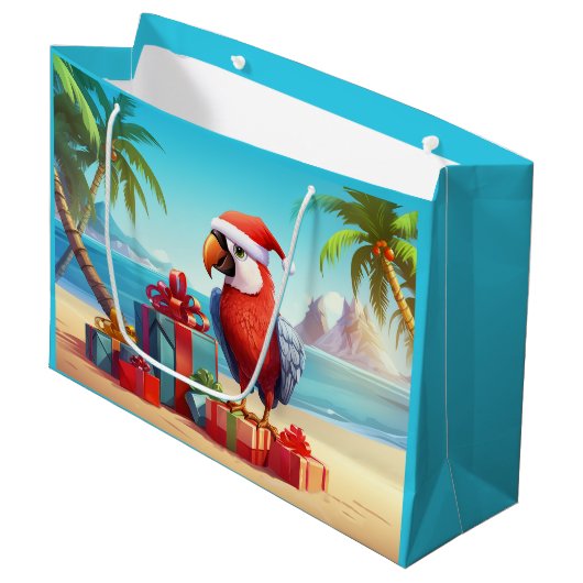 Schattigee Santa Parrot Tropical Beach Kerst Groot Cadeauzakje (Voorkant Gekanteld)