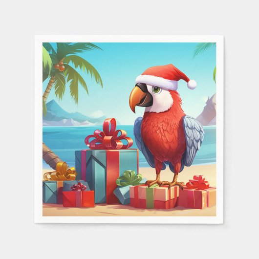 Schattigee Santa Parrot Tropical Beach Kerst Servet (Voorkant)
