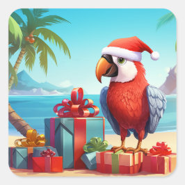 Schattigee Santa Parrot Tropical Beach Kerst Vierkante Sticker