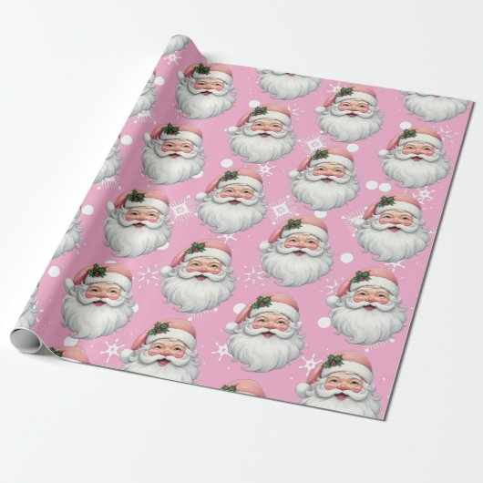 Schattigee Santa Pink Christmas Snowflakes Cadeaupapier (Uitgerold)