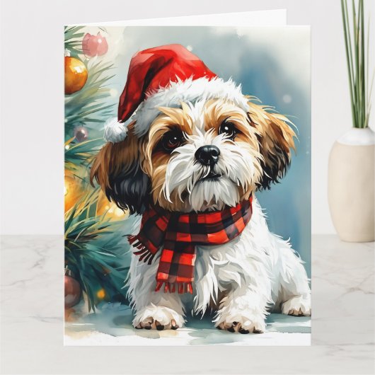Schattigee Santa Puppy met kerstboom Kaart (Voorkant)