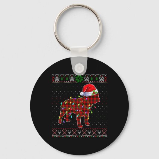 Schattigee Santa Red Plaid Franse Bulldog Light Le Sleutelhanger (Voorkant)