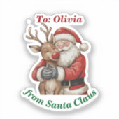 Schattigee Santa & Reindeer Hug Custom Vinyl Kerst Sticker (Voorkant)