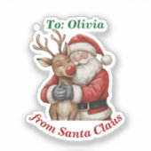 Schattigee Santa & Reindeer Hug Custom Vinyl Kerst Sticker (Voorkant)