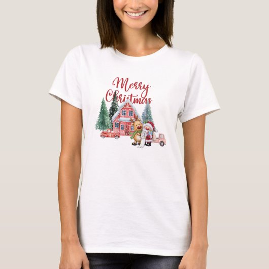 Schattigee Santa & Rendier bij Christmas Farmhouse T-shirt (Voorkant)