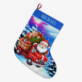 Schattigee Santa rijdende auto voeg naam toe Grote Kerstsok (Voorkant (Hangend))