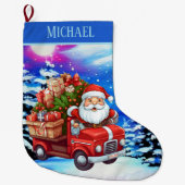 Schattigee Santa rijdende auto voeg naam toe Grote Kerstsok (Voorkant)