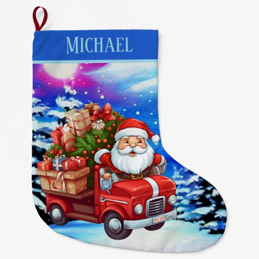 Schattigee Santa rijdende auto voeg naam toe Grote Kerstsok (Voorkant)