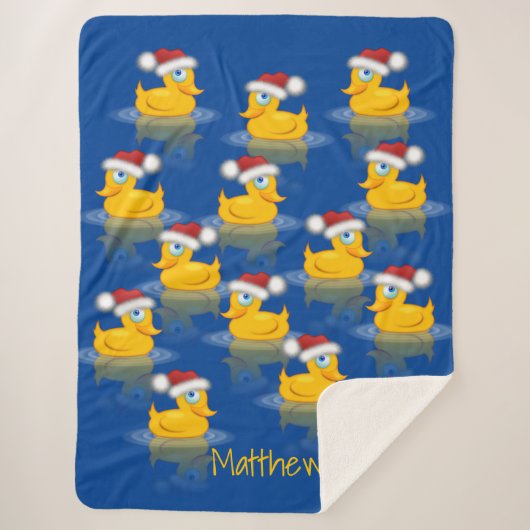 Schattigee Santa Rubber Ducks op donkerblauwe acht Sherpa Deken (Voorkant)