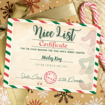 Schattigee Santa's Officiële Nice List Certificaat