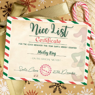 Schattigee Santa's Officiële Nice List Certificaat Kaart