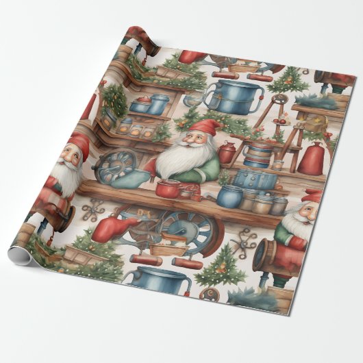 Schattigee Santa's Workshop Kerstmis Cadeaupapier (Uitgerold)