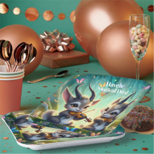 Schattigee Saolas spelen altviool in een magisch b Papieren Bordje