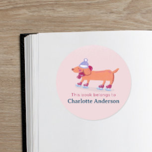 Schattigee Schaatsen Teckel Roze School Bookplate Ronde Sticker