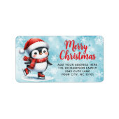 Schattigee Schaatspinguïn Blauw Rood Vrolijk Kerst Etiket (Voorkant)