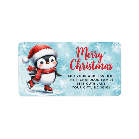 Schattigee Schaatspinguïn Blauw Rood Vrolijk Kerst Etiket (Voorkant)