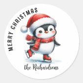 Schattigee schaatspinguïn Custom Merry Christmas Ronde Sticker (Voorkant)