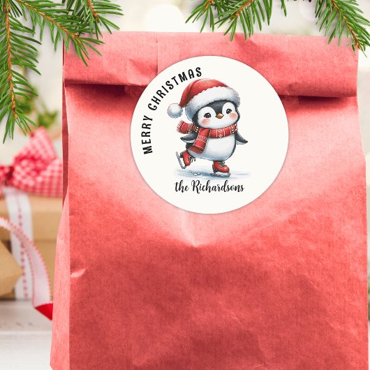 Schattigee schaatspinguïn Custom Merry Christmas Ronde Sticker