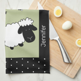 Schattigee schapenillustratie zwart, wit, salie gr theedoek