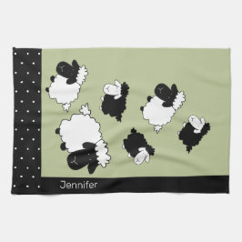 Schattigee schapenillustratie zwart, wit, salie gr theedoek