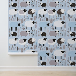Schattigee schapenpastel blauw kleuren minimaal behang