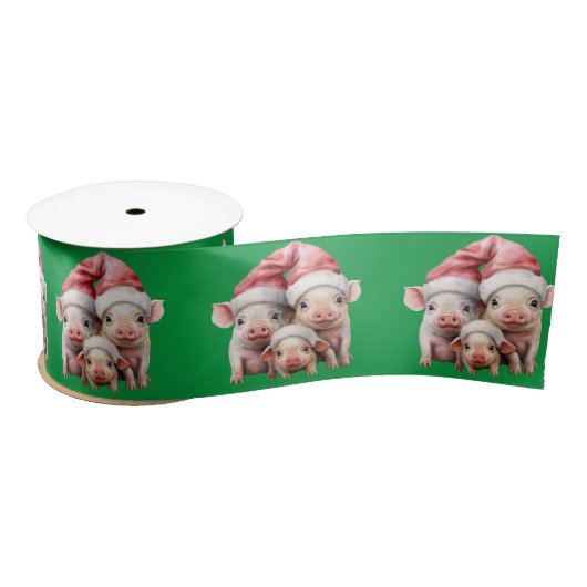 Schattigee Schattige Funny Christmas Pigs op Deep  Satijnen Lint (Spoel)