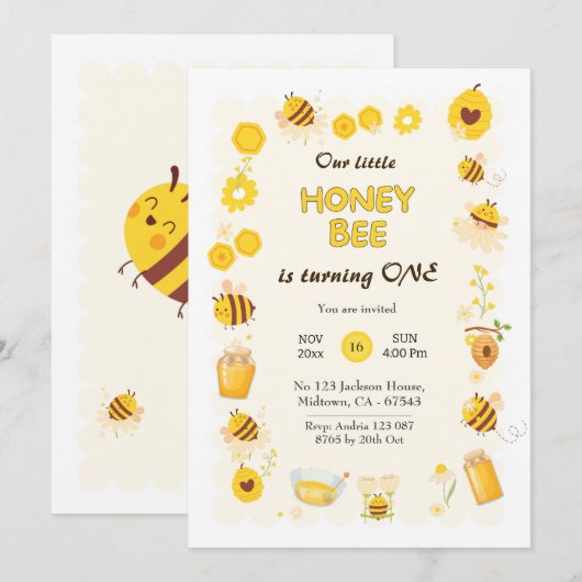 Schattigee schattige Honingbij thema 1e verjaardag Kaart (Voorkant / Achterkant)