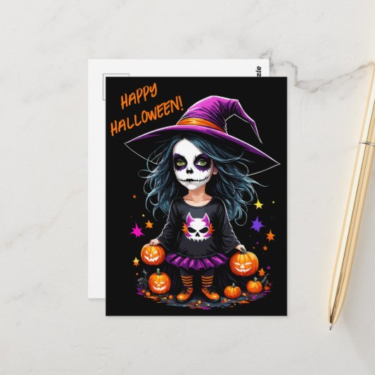 Schattigee Schattige Kawaii Halloween Witch Briefkaart (Voorkant / Achterkant in situ)