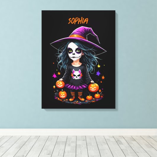 Schattigee Schattige Kawaii Halloween Witch Canvas Afdruk (Insitu (Houten vloer))