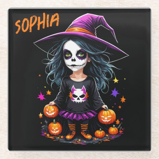 Schattigee Schattige Kawaii Halloween Witch Glazen Onderzetter (Voorkant)