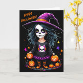 Schattigee Schattige Kawaii Halloween Witch Kaart (Gele Bloem)