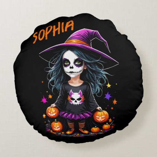 Schattigee Schattige Kawaii Halloween Witch Rond Kussen (Achterkant)