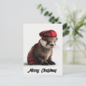 Schattigee Schattige kerst otter in Plaid Feestdagenkaart (Staand voorkant)