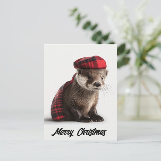 Schattigee Schattige kerst otter in Plaid Feestdagenkaart (Staand voorkant)