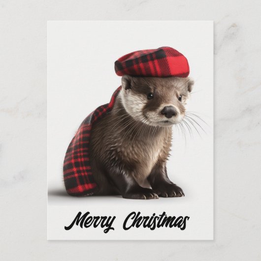 Schattigee Schattige kerst otter in Plaid Feestdagenkaart (Voorkant)