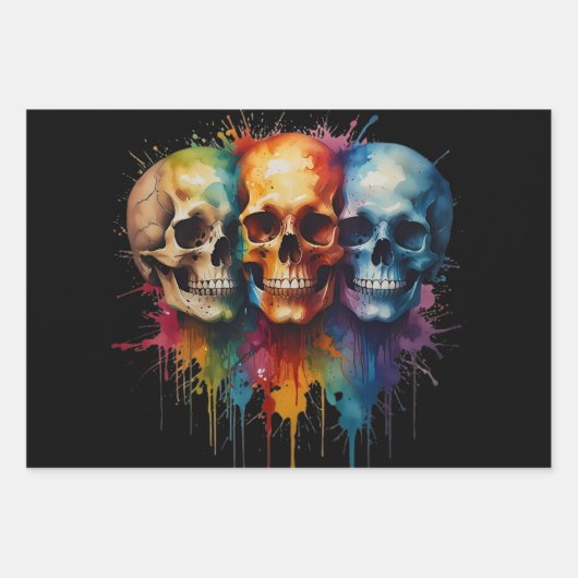 Schattigee schedel aquarel met verfspatten inpakpapier vel (Voorkant 2)