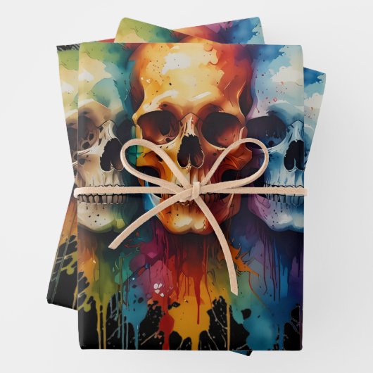 Schattigee schedel aquarel met verfspatten inpakpapier vel (In situ)