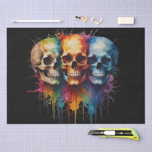 Schattigee schedel aquarel met verfspatten tissuepapier (Craft)